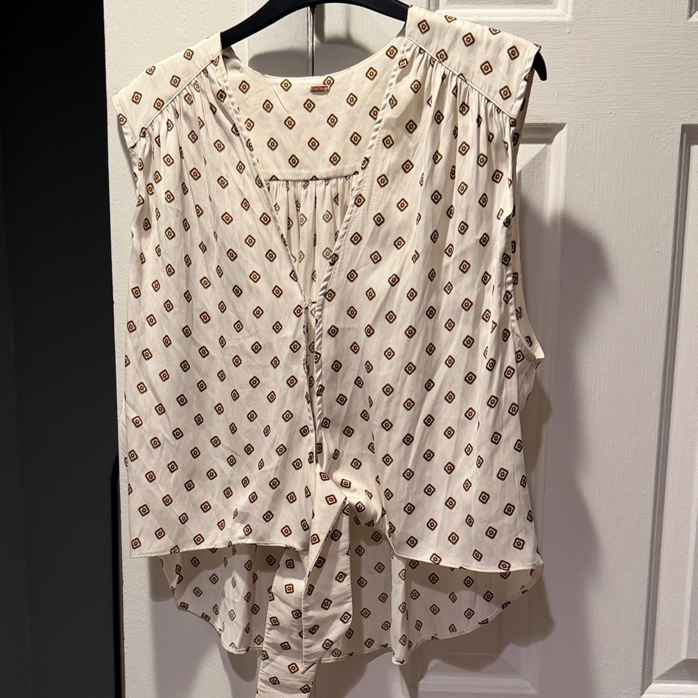 Free People Cream Sleeveless Printed Tie-Front Blouse